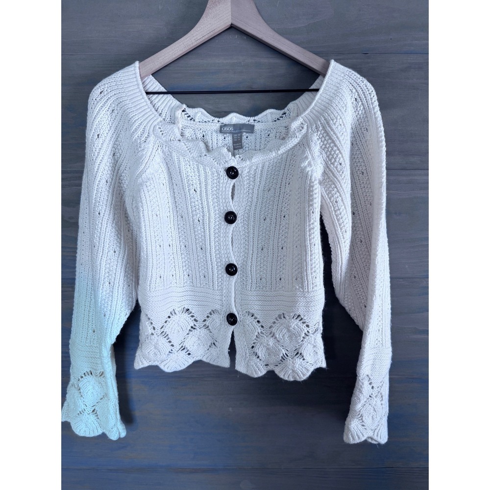 ASOS DESIGN‎ ruffle hem crochet cardigan top in cream Size 4